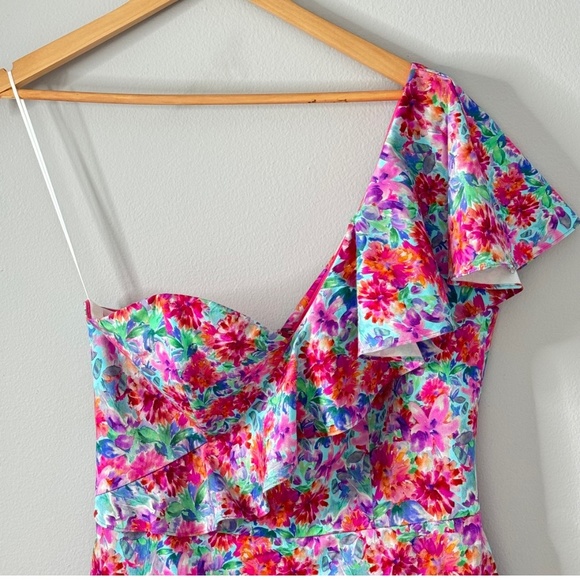 Amanda Uprichard Mini Dress One Shoulder Floral Watercolor Cotton Size Large - Picture 5 of 16